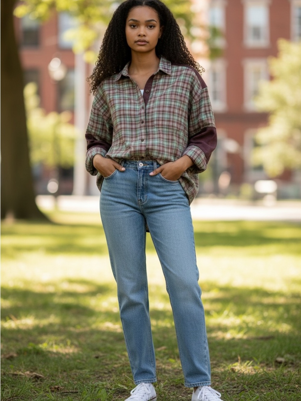 Easel SM Burgundy and Green Plaid Button-Down Shirt